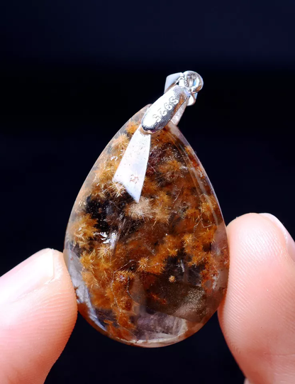 Natural Gold Rutilated Quartz Crystal "Stone Inside Stone" Silver Pendant 9.68g