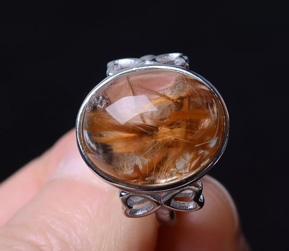 29.05ct NATURAL GOLD HAIR RUTILATED QUARTZ RING SILVER PLATED ADJUSTABLE