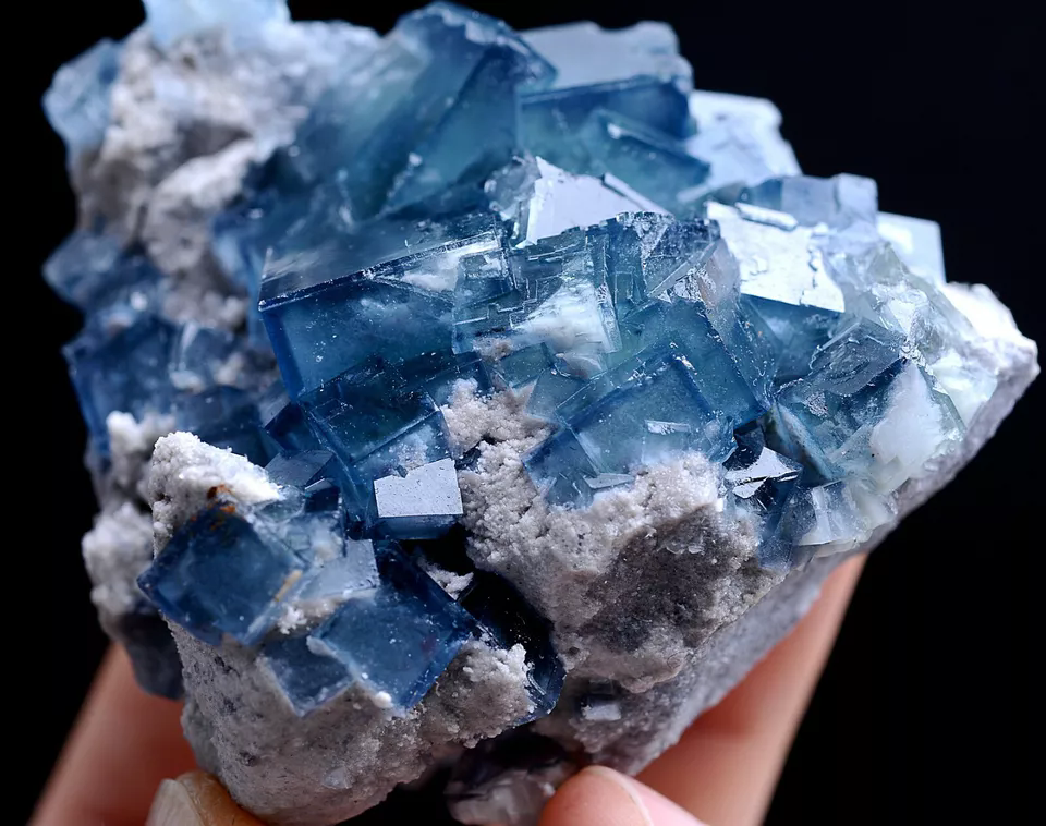 185.0g Natural Transparent Window Blue Cube Fluorite CLUSTER Mineral Specimen