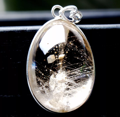 14.5g Rare Natural Gold Rutilated Quartz Crystal Calcite Silver Inlaid Pendant