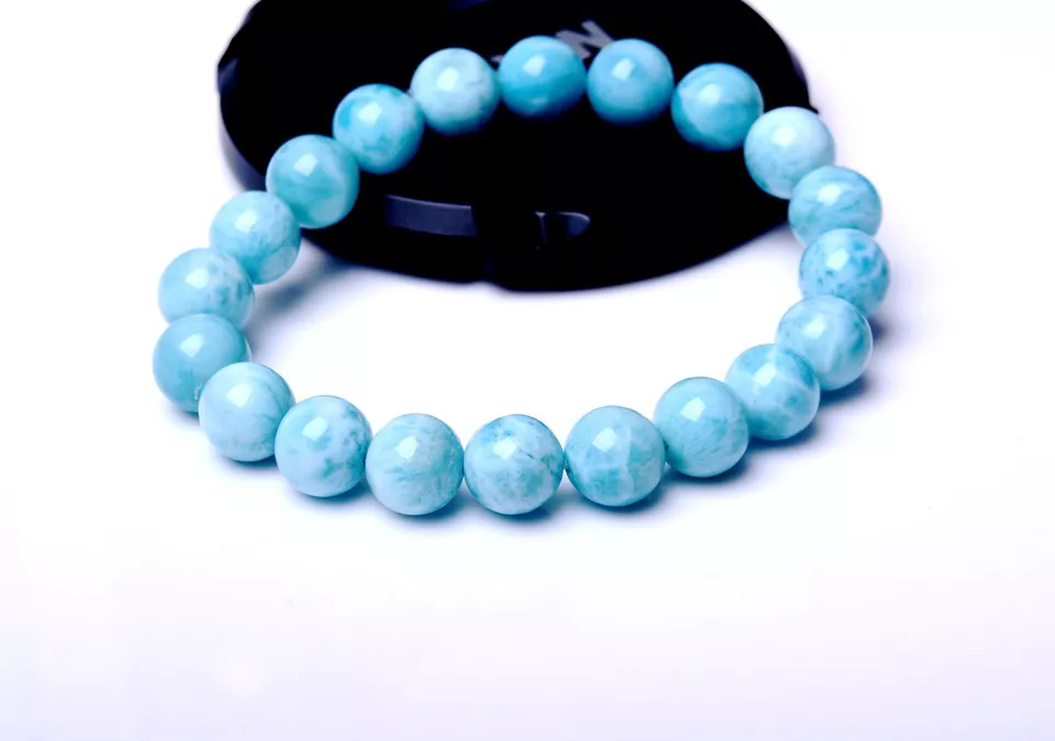 9.5mm BEAUTIFUL ATURAL BLUE LARIMAR GEM GRADE WATER PATTERN BEADS BRACELET