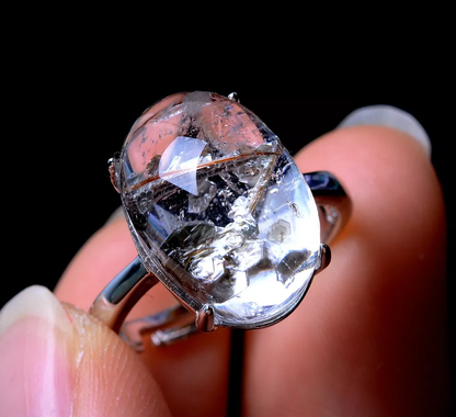 27ctNATURAL MICA QUARTZ "STONE IN STONE" SILVER INLAID CRYSTAL RING  ADJUSTABLE