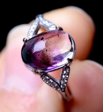 13.15ct Natural Quartz Crystal Amethyst Gem woman adjustable Ring Silver Inlaid