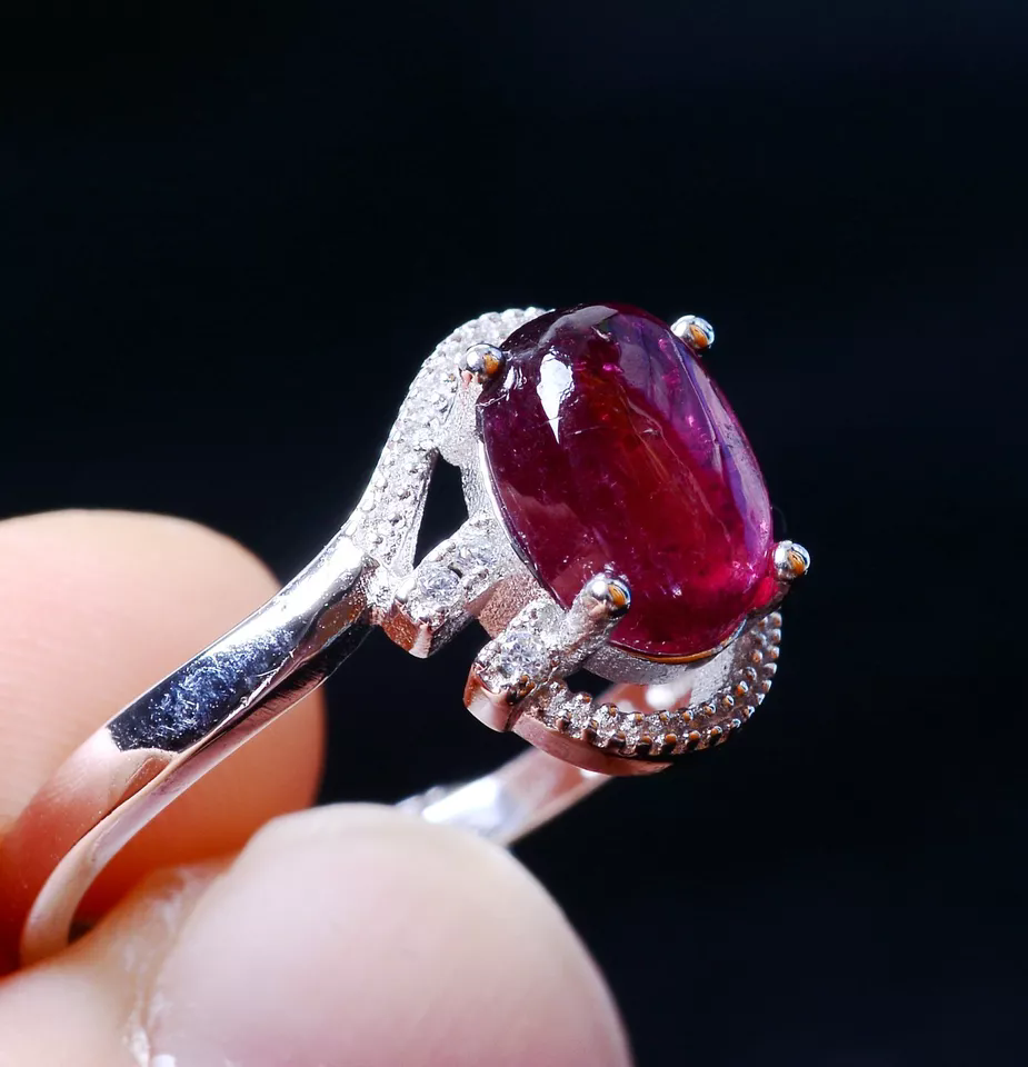 2.04g Natural Red Tourmaline Gemstone Transparent Bead Adjustable Ring