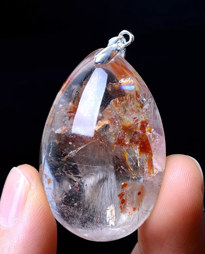 NATURAL SILVER RUTILATED QUARTZ TITANIUM CRYSTAL SILVER INLAID PENDANT 20.60g