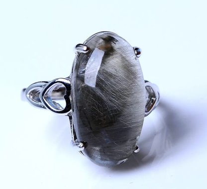 22.80ct Natural Silver Rutilated Quartz Titanium Crystal Adjustable Silver Ring