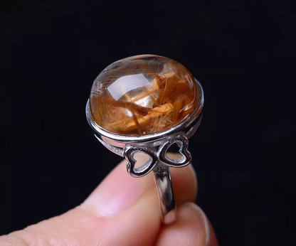 29.05ct NATURAL GOLD HAIR RUTILATED QUARTZ RING SILVER PLATED ADJUSTABLE