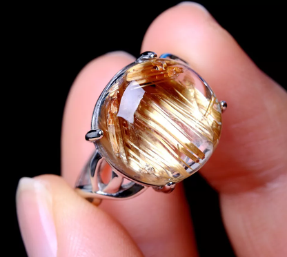 Natural Gold Rutilated Quartz Crystal Woman Cure Ring Silver Inlaid Adjustable