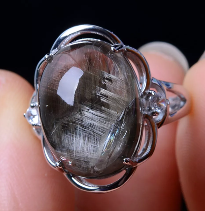 NATURAL SILVER RUTILATED QUARTZ TITANIUM CRYSTAL ADJUSTABLE SILVER INLAID RING