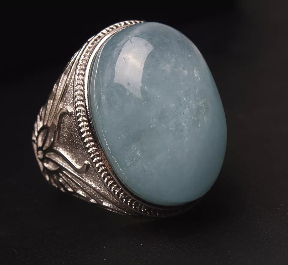 Natural Blue Aquamarine Gemstone  Bead Adjustable Woman Ring 21.5x14.5x10mm