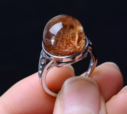 NATURAL GOLD HAIR RUTILATED QUARTZ CIRCULAR BEAD RING Silver Plated ADJUSTABLE