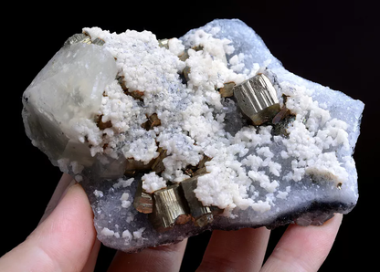 258g Natural Pink Fluorescence Benz Calcite & Pyrite Mineral Specimen/China