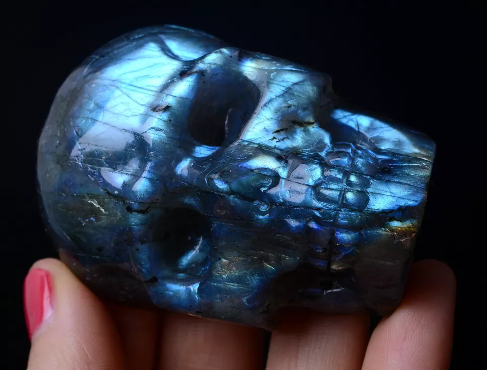 Natural Labradorite Quartz Crystal Skull Carving Reiki Healing Specimen 93.81g