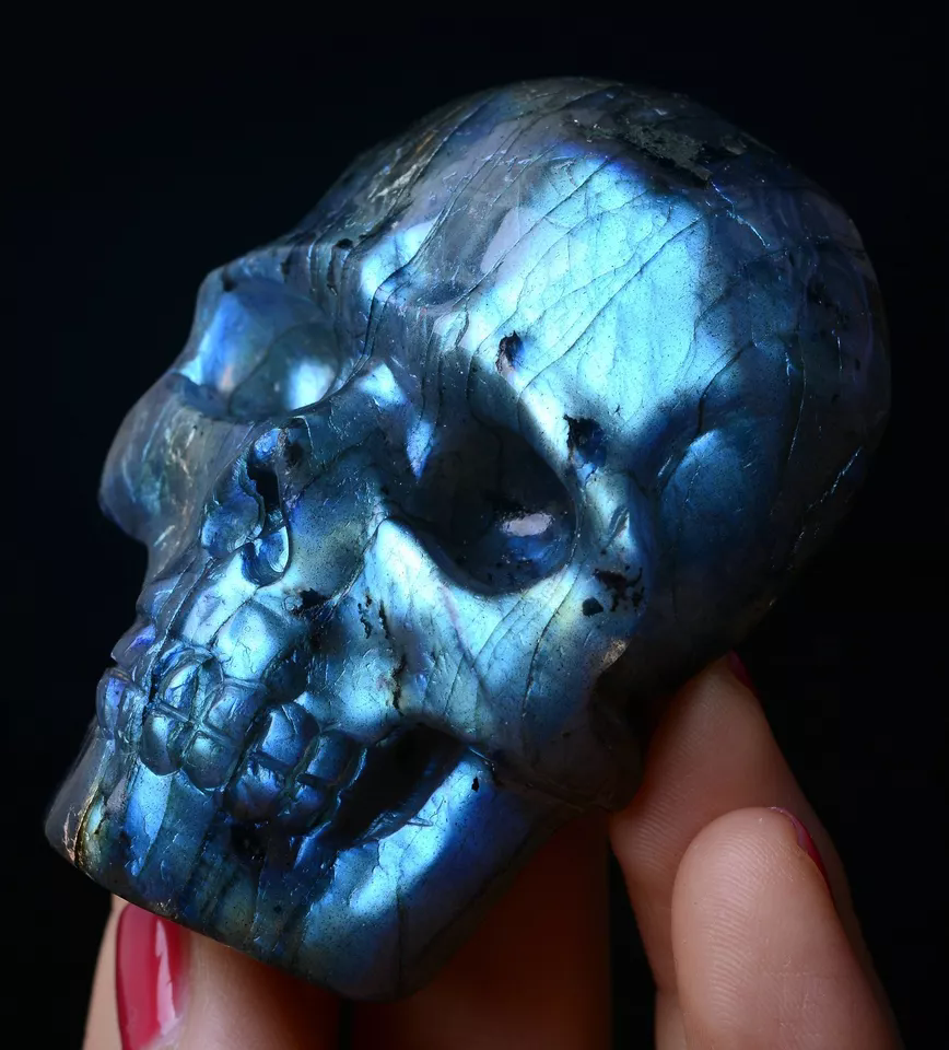 Natural Labradorite Quartz Crystal Skull Carving Reiki Healing Specimen 93.81g