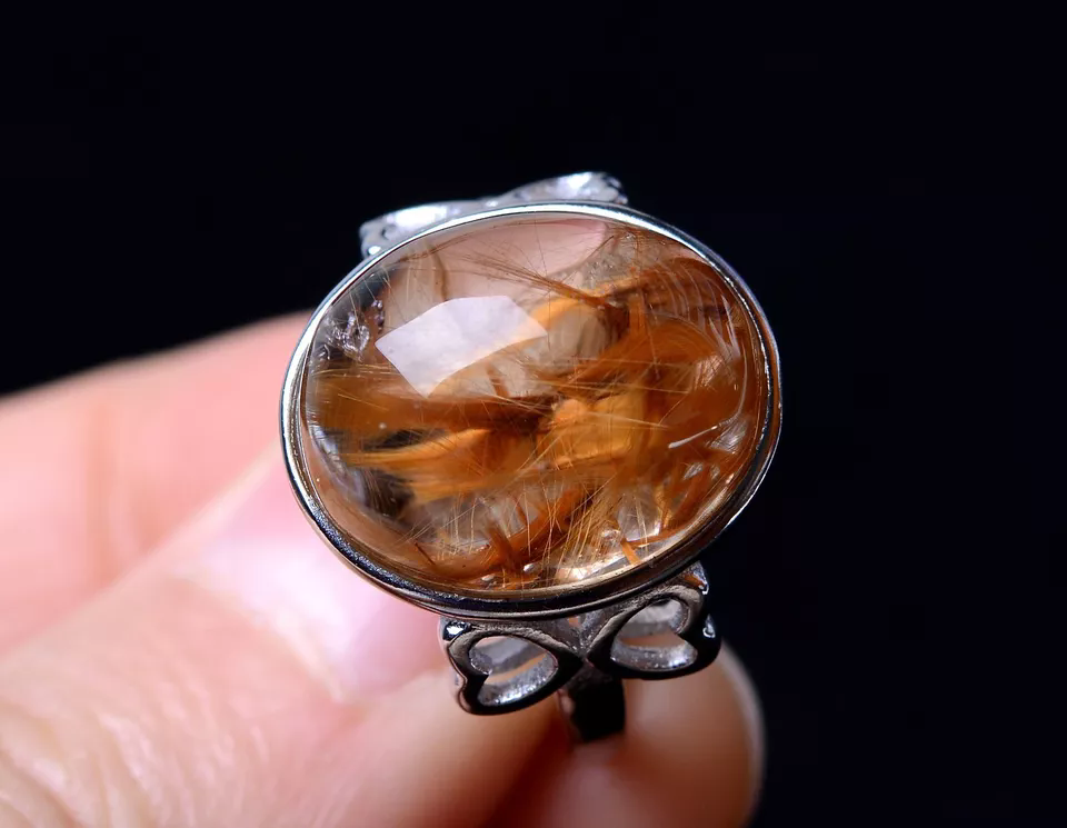 29.05ct NATURAL GOLD HAIR RUTILATED QUARTZ RING SILVER PLATED ADJUSTABLE