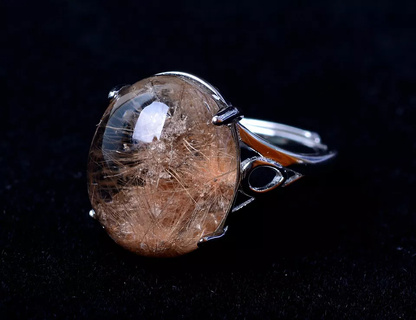 NATURAL GOLD RUTILATED QUARTZ CRYSTAL CURE WOMAN RING SILVER INLAID ADJUSTAB