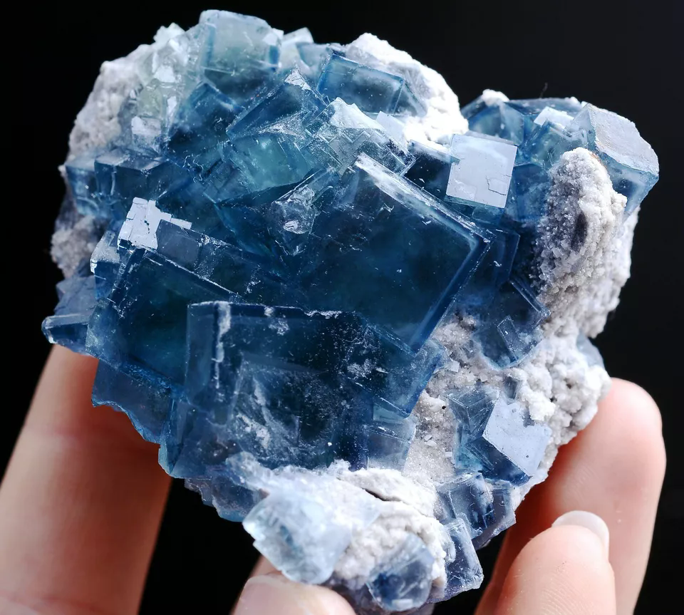 185.0g Natural Transparent Window Blue Cube Fluorite CLUSTER Mineral Specimen