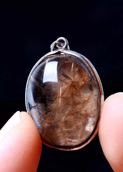 6.61g Natural Clear Quartz Gold Hair Rutilated Crystal Silver Inlaid Pendant