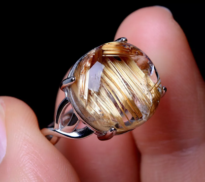 Natural Gold Rutilated Quartz Crystal Woman Cure Ring Silver Inlaid Adjustable