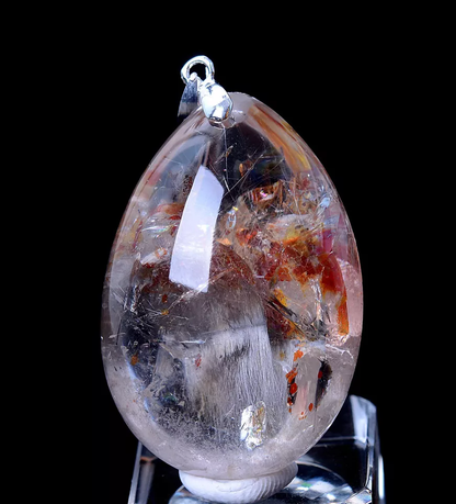 NATURAL SILVER RUTILATED QUARTZ TITANIUM CRYSTAL SILVER INLAID PENDANT 20.60g