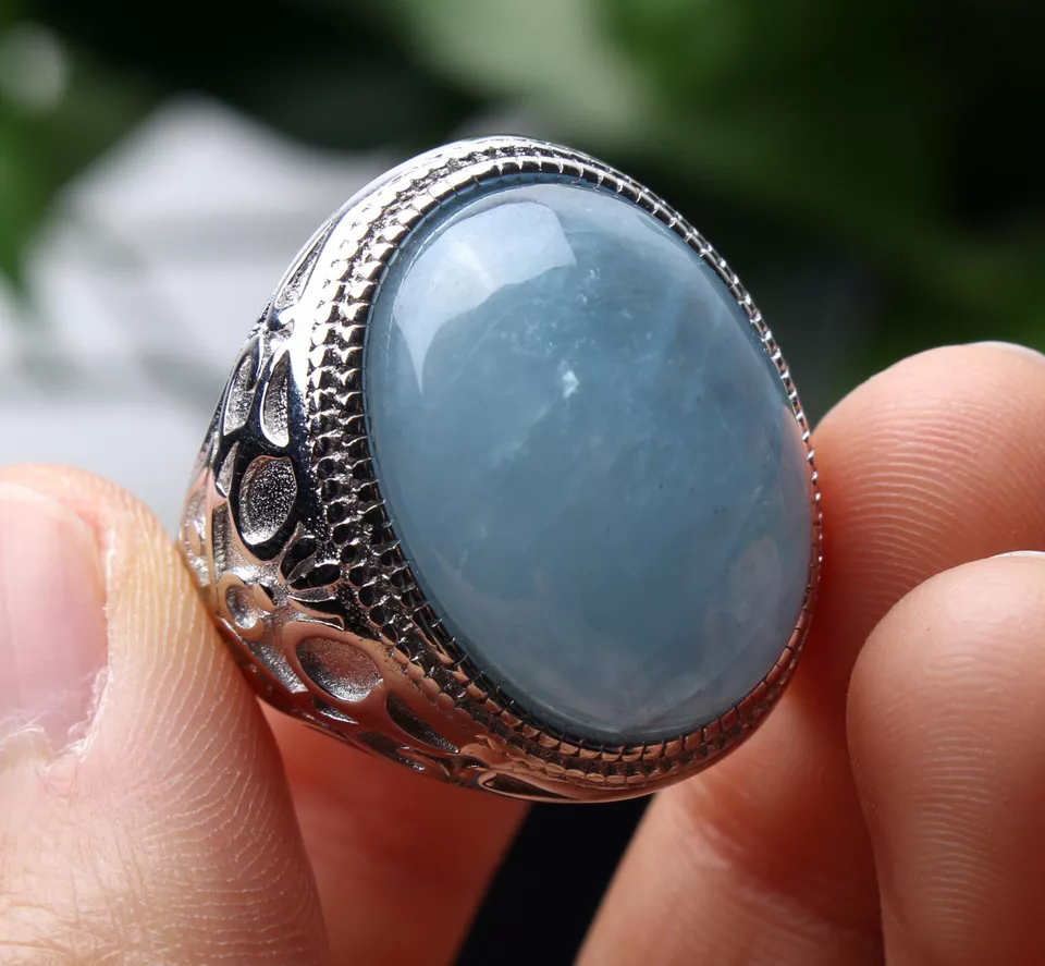 Natural Blue Aquamarine Gemstone  Bead Adjustable Woman Ring 21.5x14.5x10mm