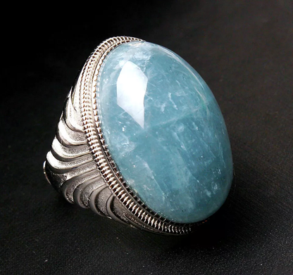 Natural Blue Aquamarine Gemstone Bead Adjustable Ring Healing27.5x18x 10mm