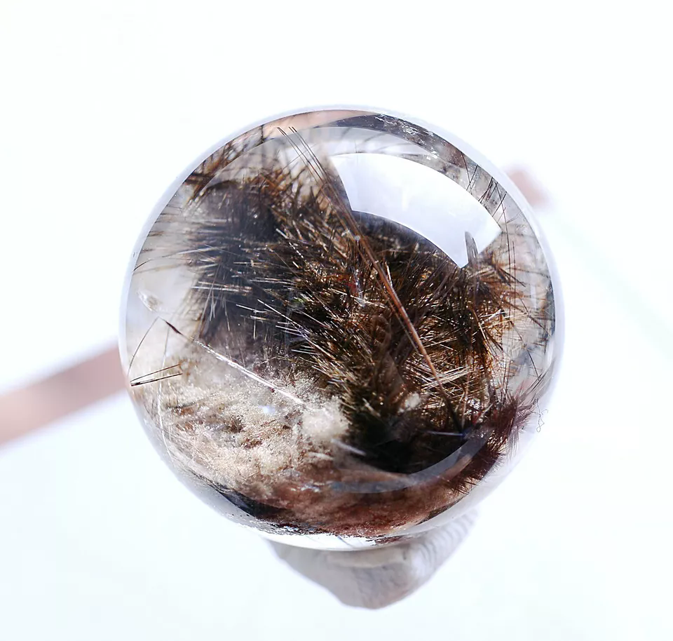 12.9g Natural Rare Silver Hair Rutilated Quartz Titanium Flowers Crystal Ball