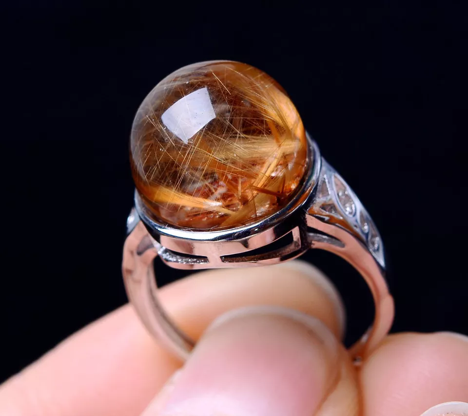 NATURAL GOLD HAIR RUTILATED QUARTZ CIRCULAR BEAD RING Silver Plated ADJUSTABLE