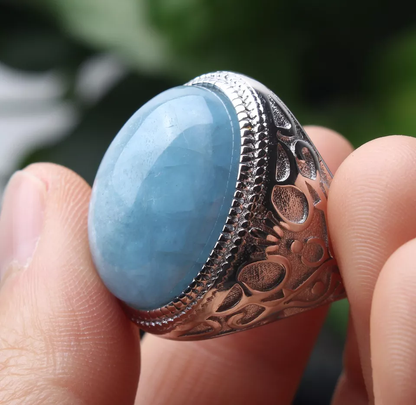 Natural Blue Aquamarine Gemstone  Bead Adjustable Woman Ring 21.5x14.5x10mm