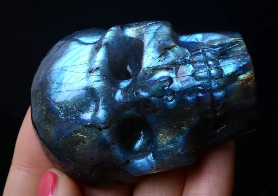 Natural Labradorite Quartz Crystal Skull Carving Reiki Healing Specimen 93.81g