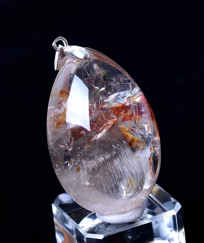 NATURAL SILVER RUTILATED QUARTZ TITANIUM CRYSTAL SILVER INLAID PENDANT 20.60g