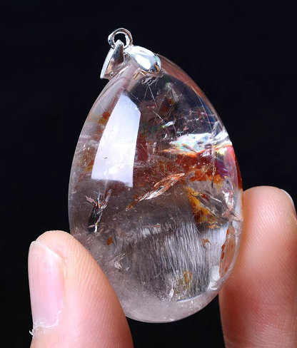 NATURAL SILVER RUTILATED QUARTZ TITANIUM CRYSTAL SILVER INLAID PENDANT 20.60g