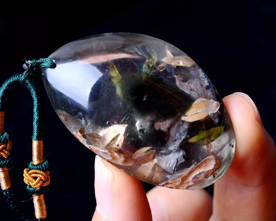 42g RARE NATURAL Clear Mica & Green Ghost Phantom Quartz Crystal Gem Pendant