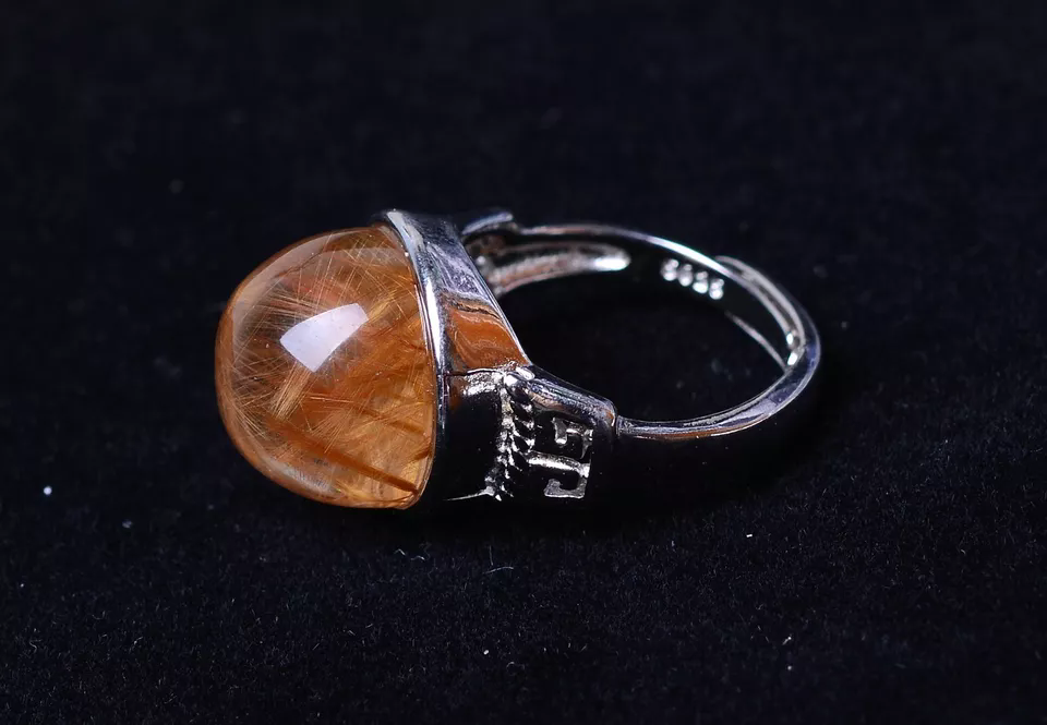 36.60CT NATURAL GOLD HAIR RUTILATED QUARTZ RING SILVER PLATED ADJUSTABLE