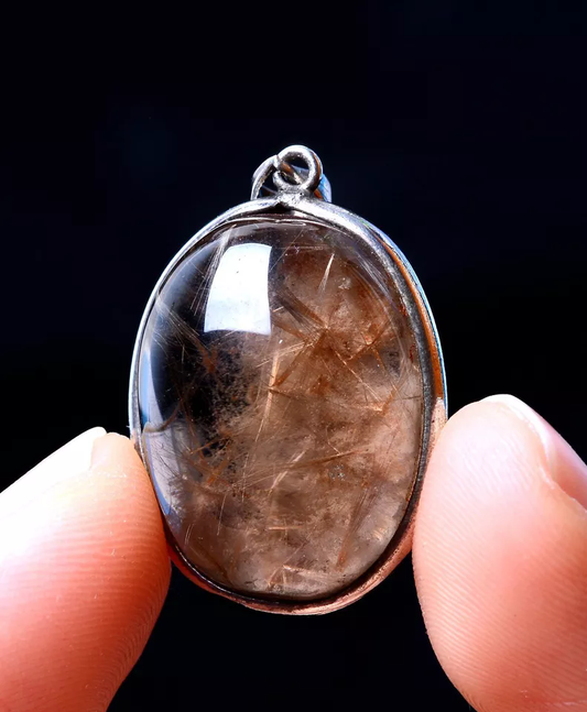 6.61g Natural Clear Quartz Gold Hair Rutilated Crystal Silver Inlaid Pendant