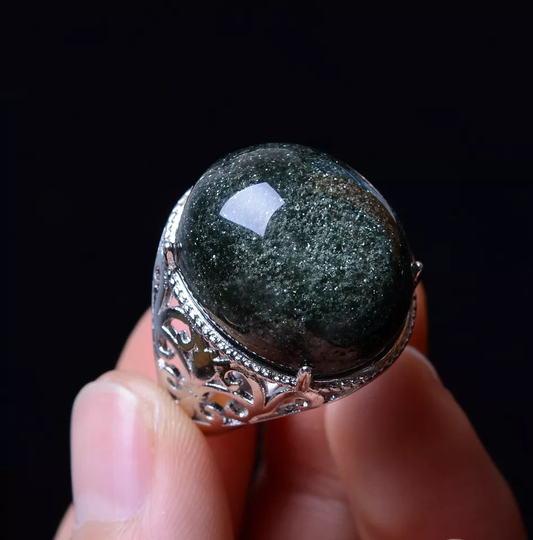 Rare Natural Green Ghost Crystal Healing Wealth Men Adjustable Ring 21*18*13mm