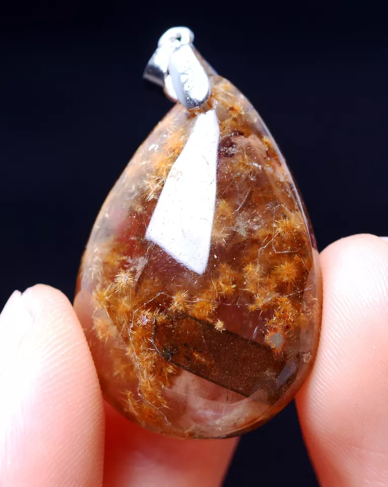 Natural Gold Rutilated Quartz Crystal "Stone Inside Stone" Silver Pendant 9.68g