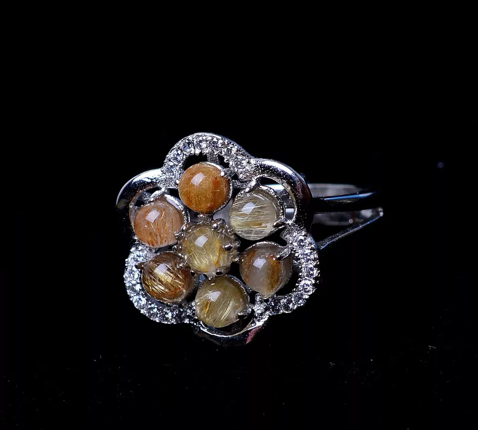 Natural Clear Quartz Hair Sunflower Rutilated Crystal Adjustable Ring4.08g