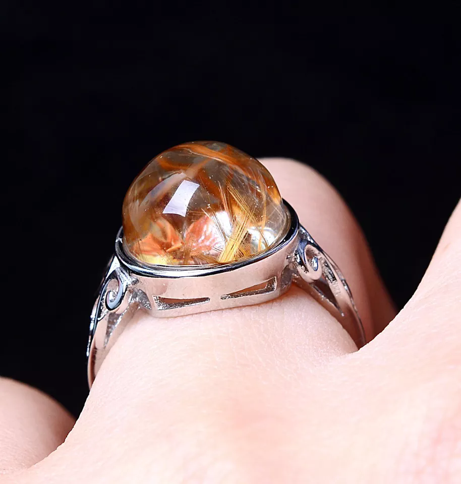 18.21CT BEAUTIFUL NATURAL CALCITE GOLD RUTILATED QUARTZ CRYSTAL RING ADJUSTABLE