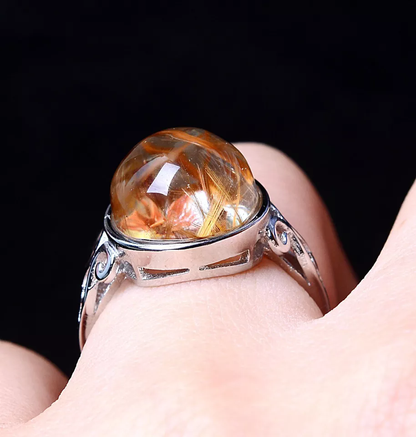 18.21CT BEAUTIFUL NATURAL CALCITE GOLD RUTILATED QUARTZ CRYSTAL RING ADJUSTABLE