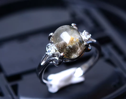 10.4CT Natural Gold Hair Rutilated Quartz Beads Wealth Woman Adjustable Ring