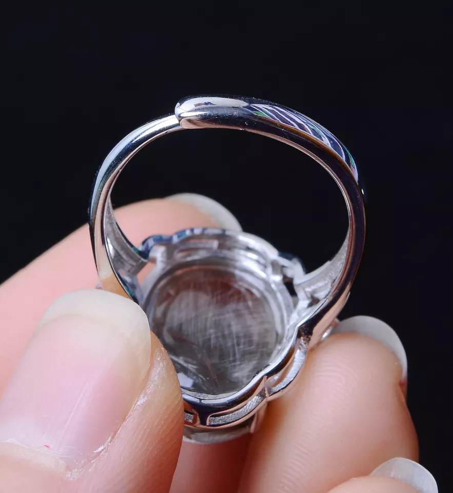 NATURAL SILVER RUTILATED QUARTZ TITANIUM CRYSTAL ADJUSTABLE SILVER INLAID RING