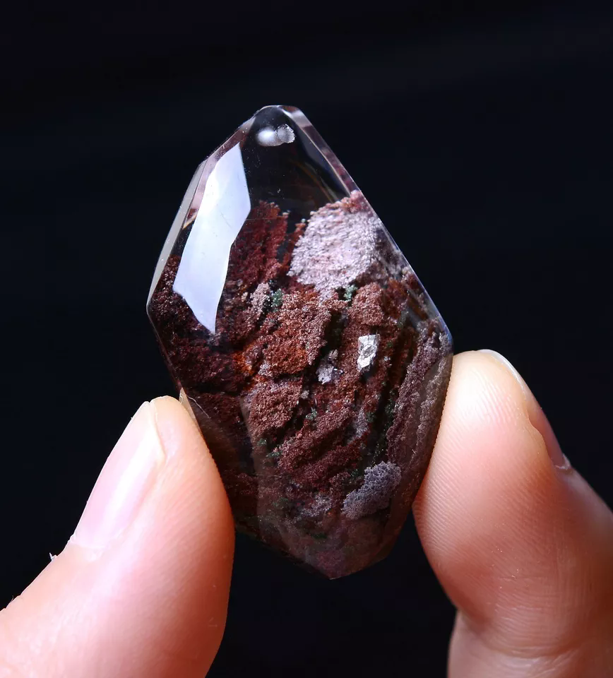 13.32g Natural Clear Red Ghost Quartz Crystal  "Stone Inside Stone" Pendant