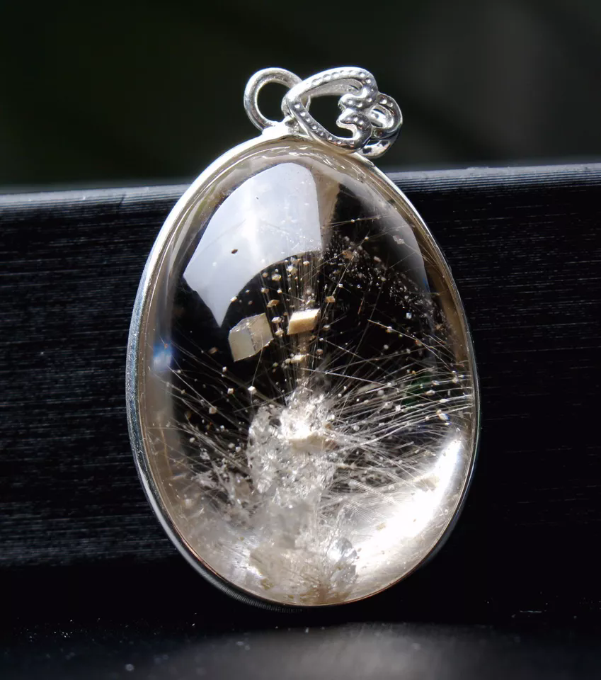 14.5g Rare Natural Gold Rutilated Quartz Crystal Calcite Silver Inlaid Pendant