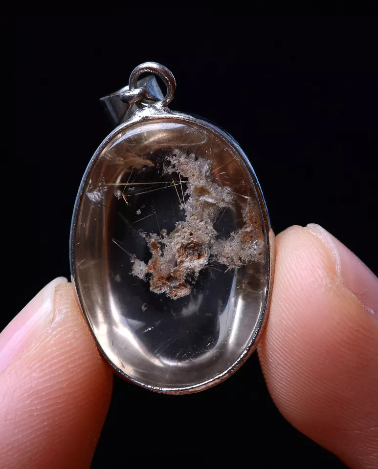 6.19g Rare Transparent Natural Calcite Gold Hair Crystal Pendant Silver Inlaid