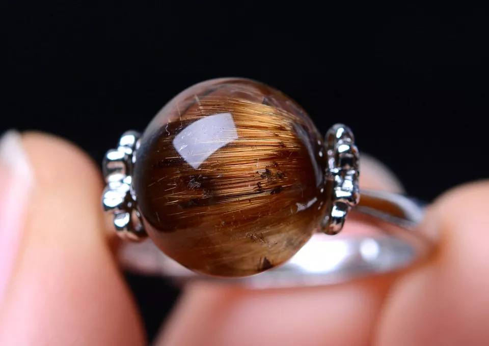 20.10CT Natural Gold Rutilated Quartz Crystal Ring Silver Plated Adjustable