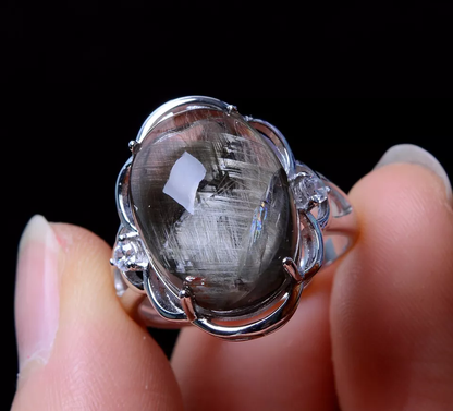 NATURAL SILVER RUTILATED QUARTZ TITANIUM CRYSTAL ADJUSTABLE SILVER INLAID RING