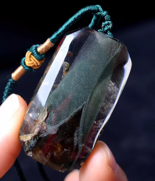 37.54gNatural Clear Green Ghost Phantom Quartz Crystal Pendant Healing Jewelry