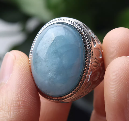 Natural Blue Aquamarine Gemstone  Bead Adjustable Woman Ring 21.5x14.5x10mm