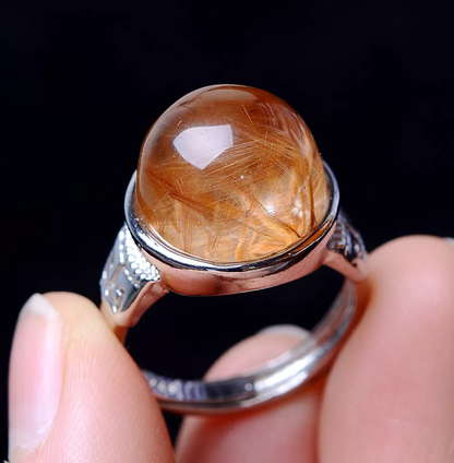 36.60CT NATURAL GOLD HAIR RUTILATED QUARTZ RING SILVER PLATED ADJUSTABLE